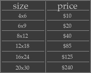 Photography Price Chart